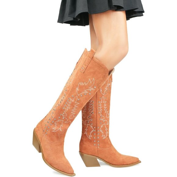 Women Faux Suede Tan Thick Heels Pointed toe Studs Embroider Rivets Riding Boots - Picture 7 of 8